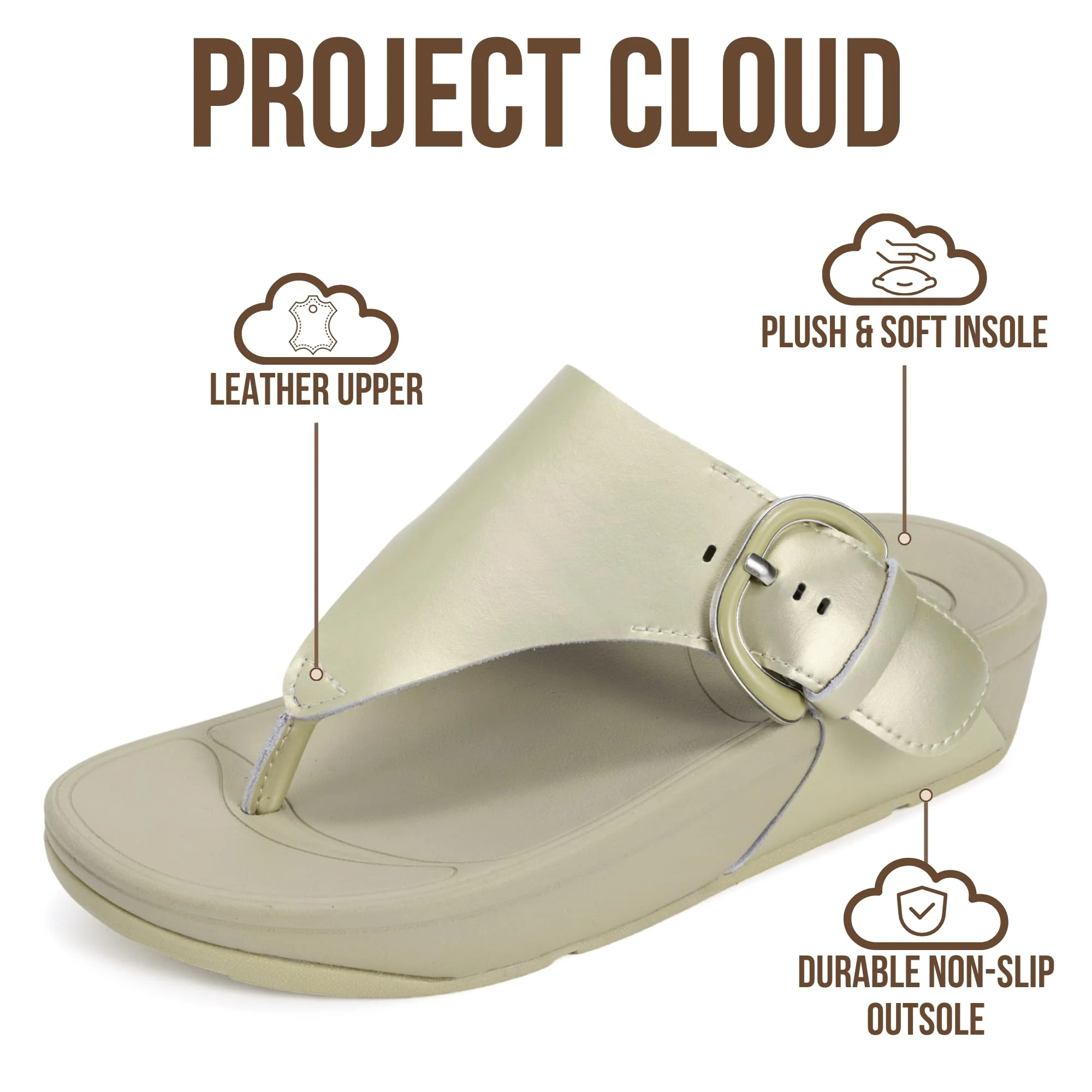 Project Cloud Women's | Leather Thong Sandals | Adjustable Buckle | Plush and Soft Insole | Lightweight | Non-Slip - Arlee Buckle - Image 11