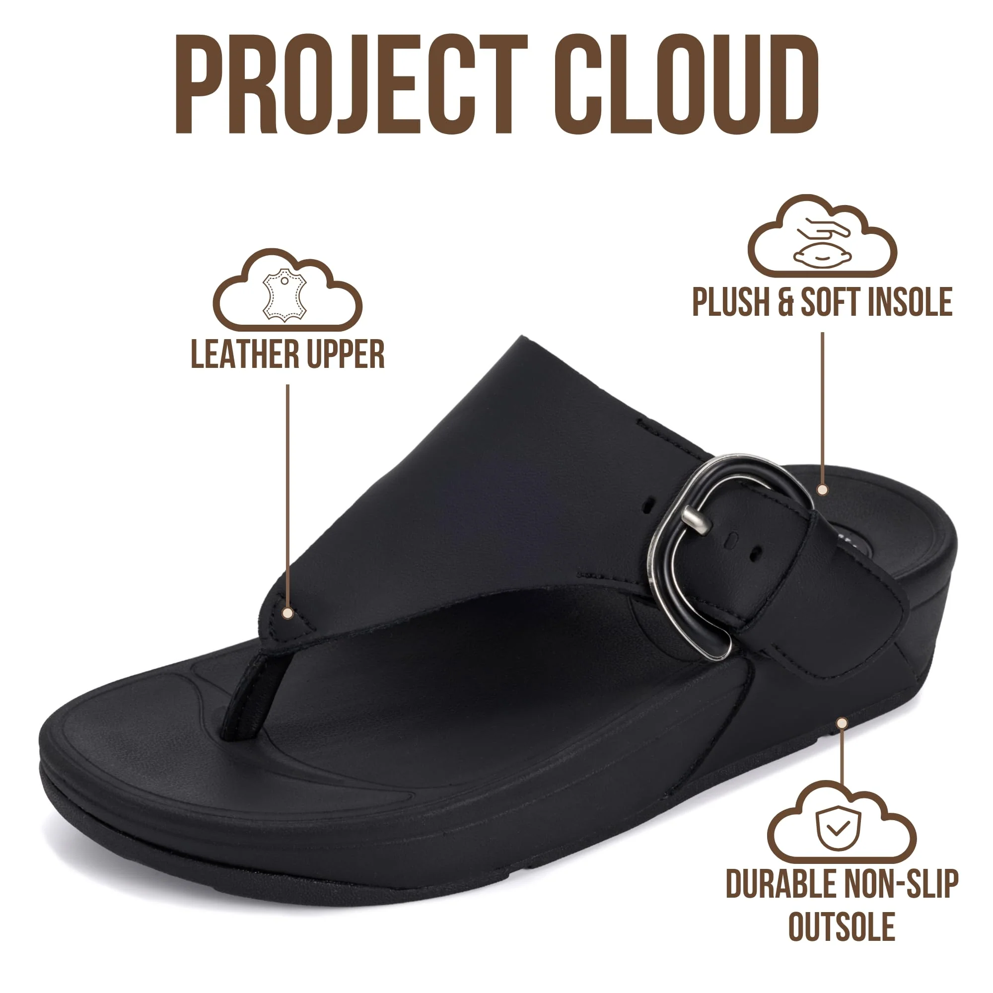 Project Cloud Women's | Leather Thong Sandals | Adjustable Buckle | Plush and Soft Insole | Lightweight | Non-Slip - Arlee Buckle - Image 15