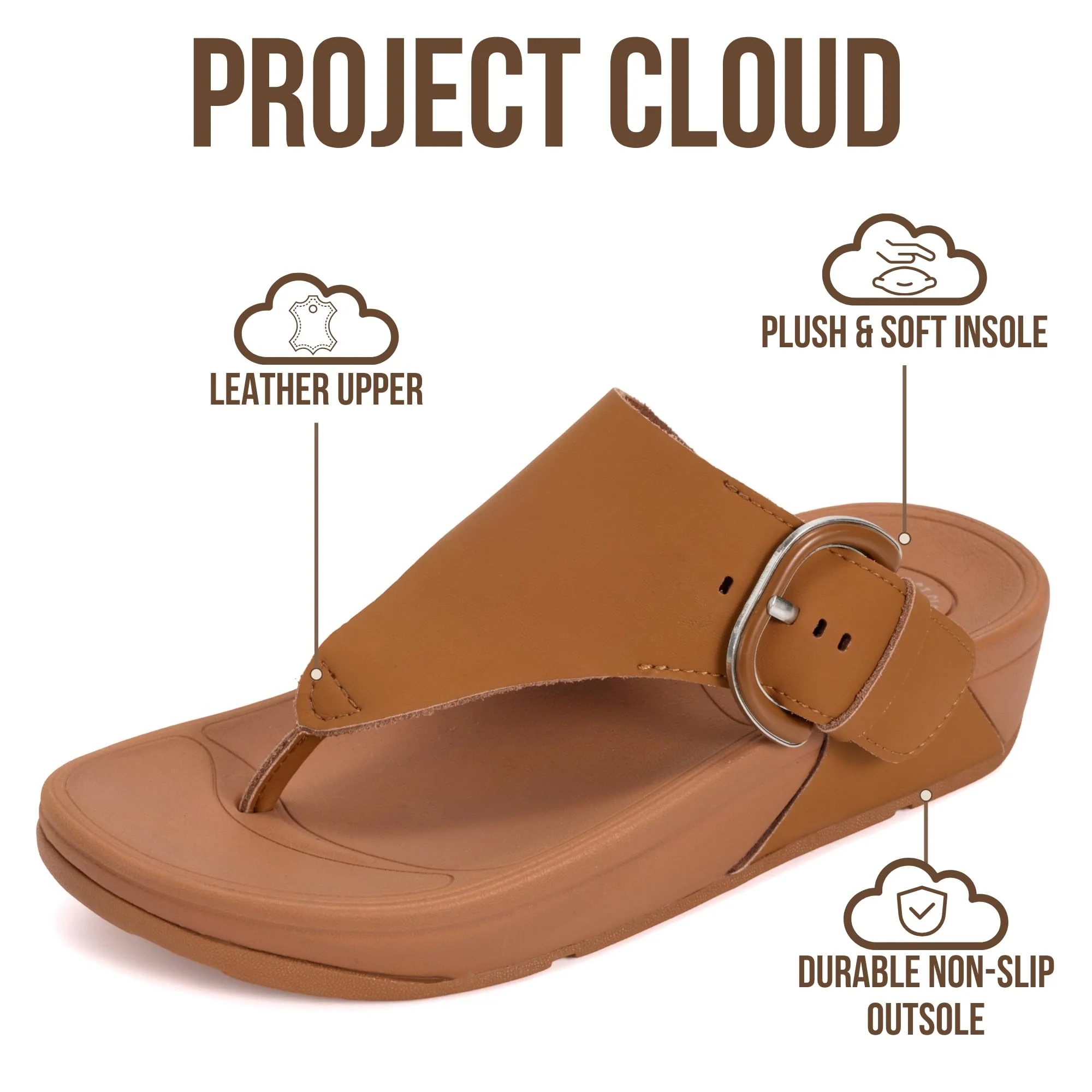 Project Cloud Women's | Leather Thong Sandals | Adjustable Buckle | Plush and Soft Insole | Lightweight | Non-Slip - Arlee Buckle - Image 3