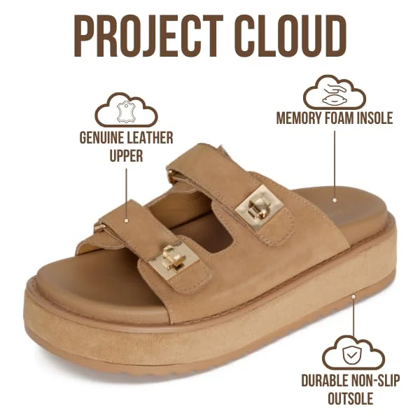 Project Cloud Women's | Genuine Leather Platform Sandals | Memory Foam Insole | Lightweight | Non-Slip - Havana - Image 8